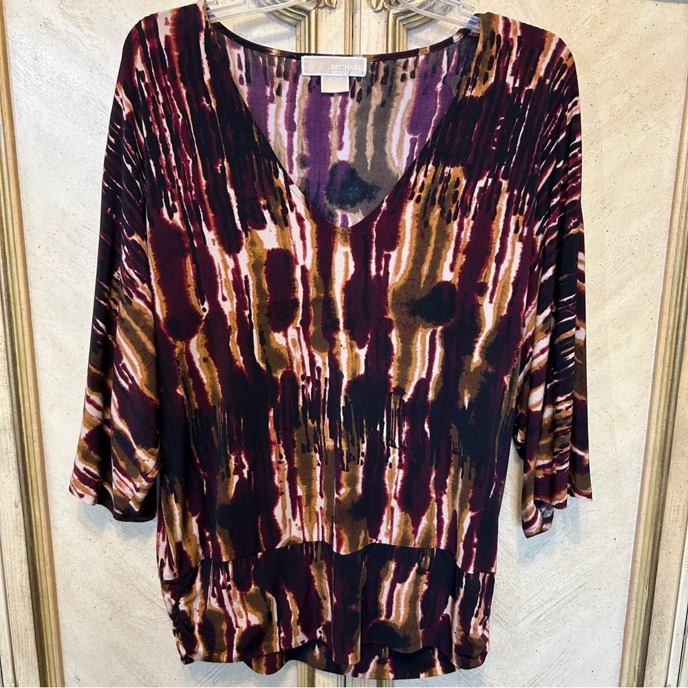 Michael Kors Merlot Purple Brown Black Tan Brown Abstract Dolman Sleeve Blouse